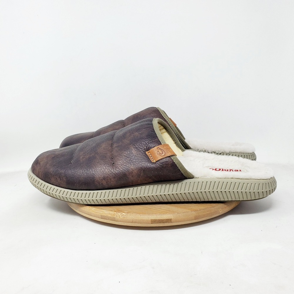 Olukai Mua Ili Slippers Mens 12 Brown Leather Slip On Shoes Shearling Lined Mule